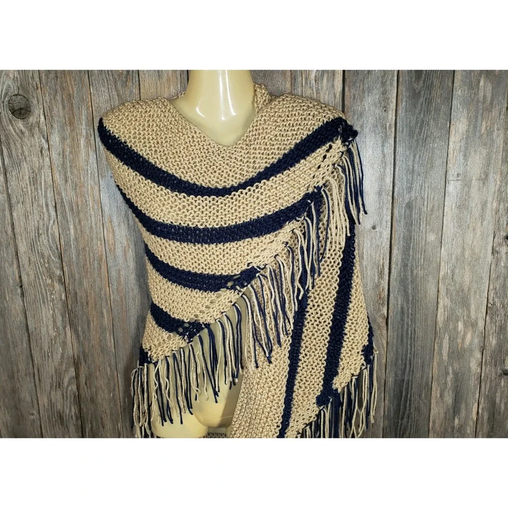 NEW Blue Beige Hand Knitted Shawl Wrap Scarf Boho Hippie‎ Coastal Indie Artsy